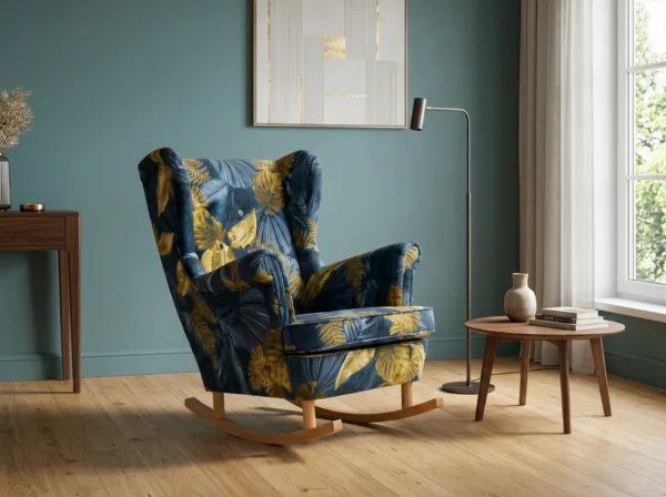 Fotel uszak skandynawski bujany płozach granat monstera Print Family Meble — komfort