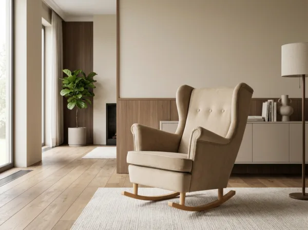 Fotel uszak skandynawski bujany płozach beżowy welur salon Ari Family Meble — komfort