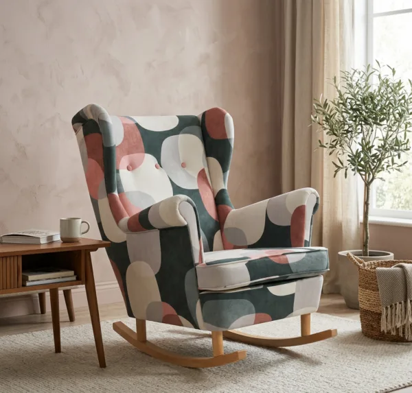 Fotel uszak skandynawski bujany płozach groszki wzorek Design Family Meble — komfort