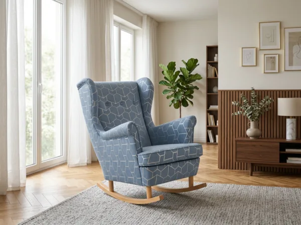 Fotel uszak skandynawski bujany płozach niebieski welur Design Family Meble — komfort