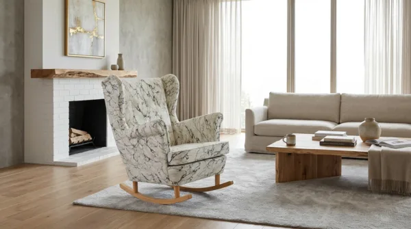 Fotel uszak skandynawski bujany płozach biały salonu Design Family Meble — komfort
