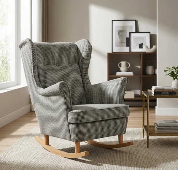 Fotel uszak skandynawski bujany płozach pepita wygodna Design Family Meble — komfort