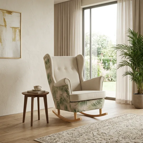 Fotel uszak skandynawski bujany płozach liście beżowy salon Family Meble — komfort