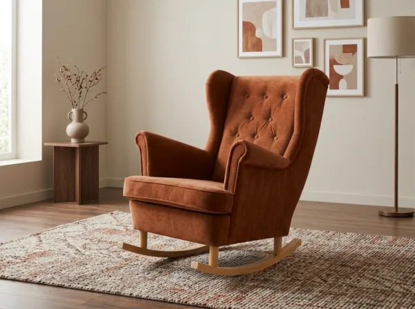 Fotel uszak skandynawski bujany płozach rudy welur salon Diana Family Meble — komfort