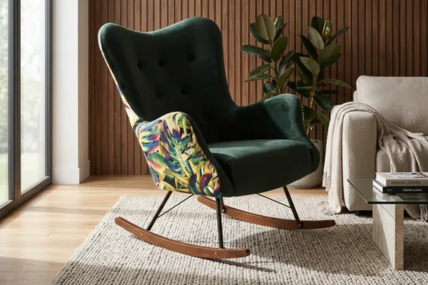 Fotel skandynawski uszak bujany płozach welur Luna Print Duo Family Meble — komfort