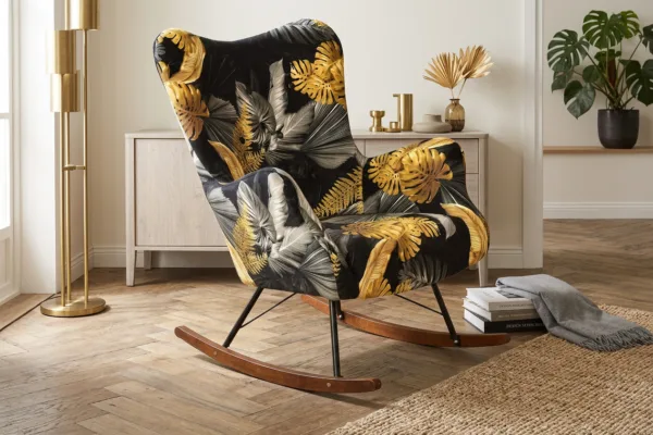 Fotel skandynawski uszak bujany płozach mosntera Luna Print Family Meble — komfort