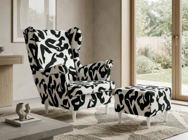 Fotel uszak skandynawski podnóżek pufa decor premium Design Family Meble — komfort