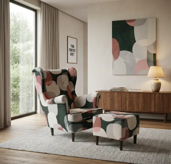 Fotel uszak skandynawski podnóżek puf groszki wzorzysty Design Family Meble — komfort
