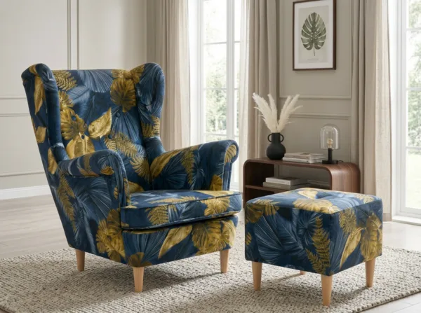 Fotel uszak skandynawski podnóżkiem pufą niebieski salon Print Family Meble — komfort