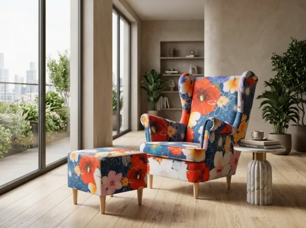 Fotel uszak skandynawski podnóżkiem pufą kwiaty maki Print Family Meble — komfort