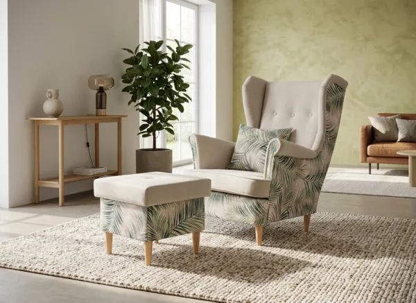 Fotel uszak skandynawski pufa podnóżek beżowy wzór Print DUO Family Meble — komfort