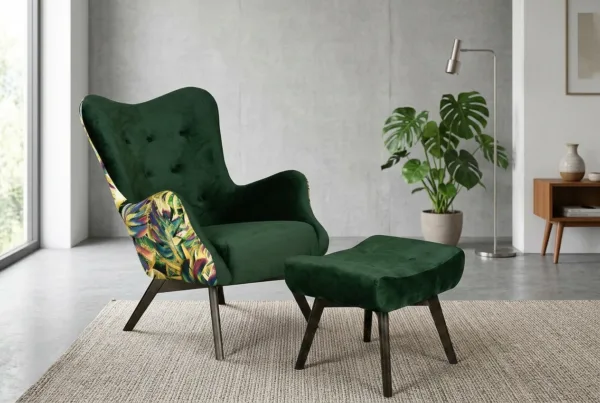 Fotel skandynawski podnóże pufą wygodny zielony Luna Print Duo Family Meble — komfort