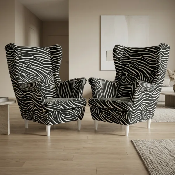 Fotele uszak skandynawskie czarno białe zebra Design Ari Print Family Meble — komfort