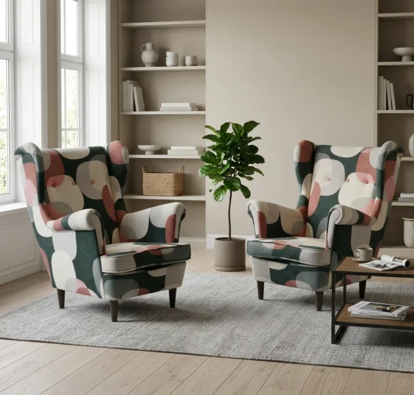 Fotele uszak skandynawskie groszki biało czarno czerwon Design Family Meble — komfort