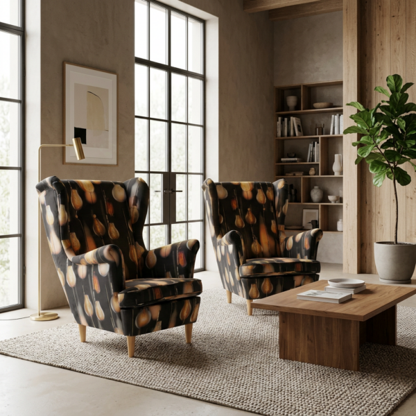 Fotele uszak skandynawskie czarne motyw żółty decor Design Family Meble — komfort