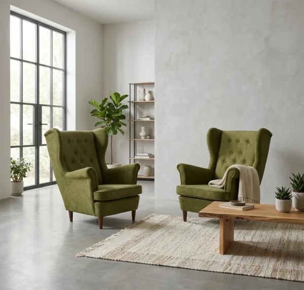 Fotele uszaki skandynawskie zielone jasne khaki welur Diana Family Meble — komfort