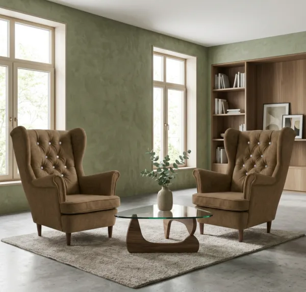 Fotele uszaki skandyn brązowe aksamit welwet wygodne sprężyna Family Meble — komfort