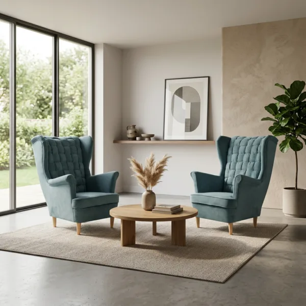Fotele uszak skandynawskie niebieskie jasne pastel welur Carol Family Meble — komfort