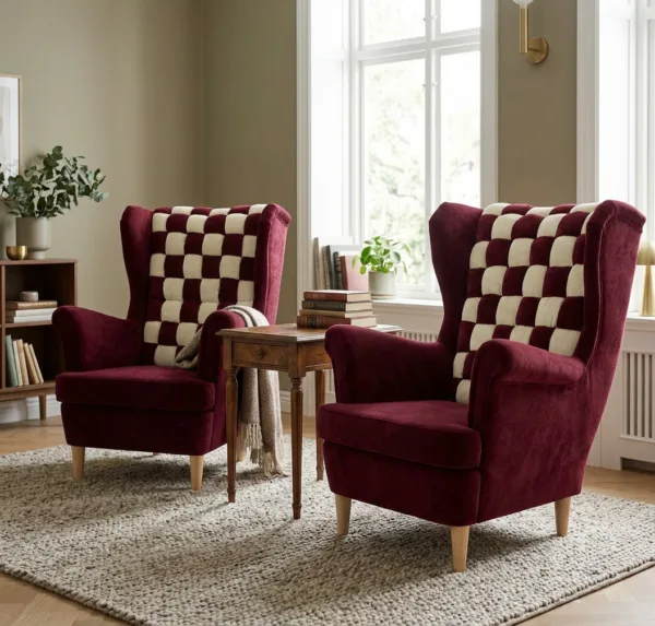 Fotele uszaki skandynawskie burgund bordo welur wygodne Carol Family Meble — komfort