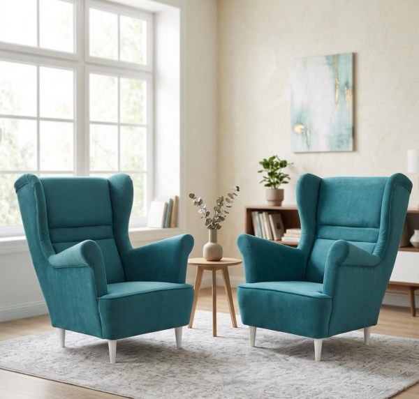 Fotele uszaki skandynawskie turkusowe niebieskie welur Zoja Family Meble — komfort