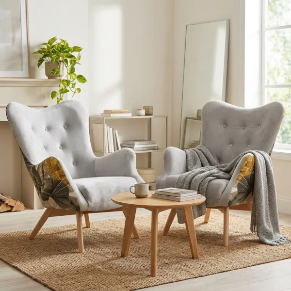 Fotele uszaki skandynawskie welur szare palmy Luna Print Duo Family Meble — komfort