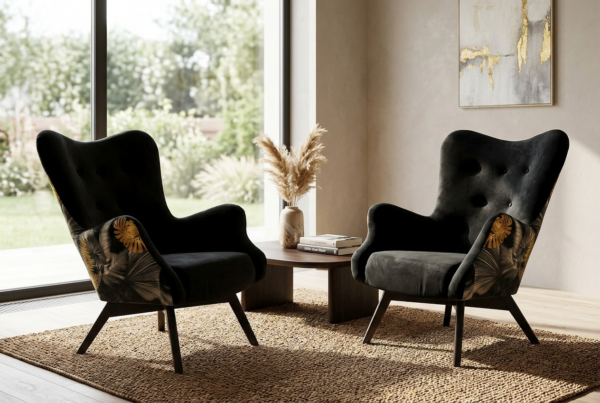 Fotele uszaki skandynawskie welur czarne liście Luna Print Duo Family Meble — komfort