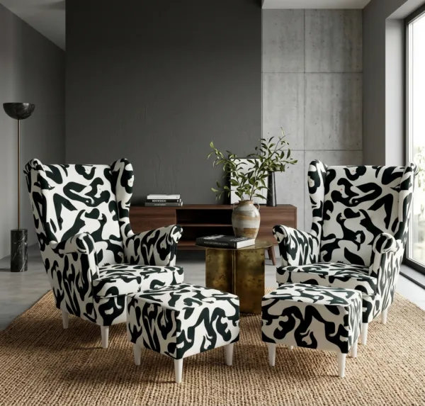 Zestaw foteli uszak skandynawskie podnóżki pufy decor premium Family Meble — komfort