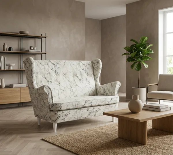 Sofa Kanapa Uszak Skandynawska Biały Marmur CARRARA Salon Family Meble — komfort