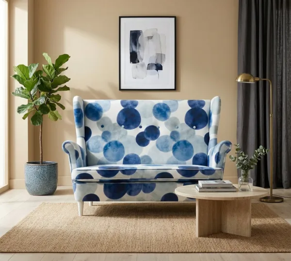 Sofa Kanapa Uszak Skandynawska Niebieskie Groszki GLAMOUR Family Meble — komfort