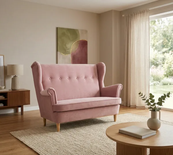 Sofa Kanapa Uszak Skandynawska Pudrowy Róż Jasny Pastela Ari Family Meble — komfort