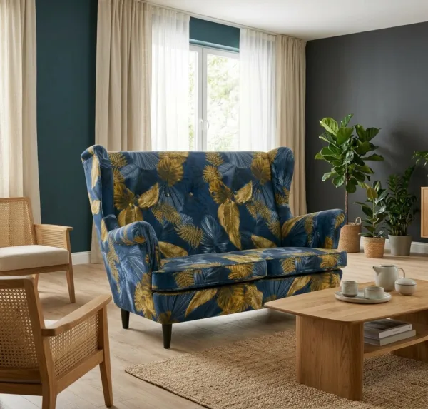 Sofa Kanapa Uszak Skandynawska Granatowa Monstera Złoty Welur Family Meble — komfort