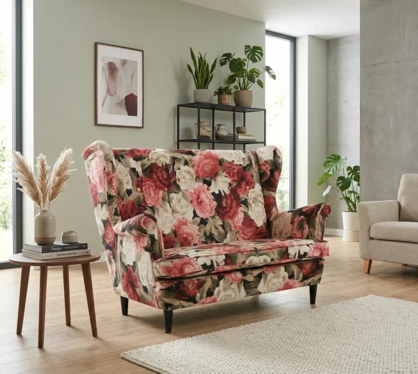 Sofa Kanapa Uszak Skandynawska Kwiecisty Welur Kwiaty Róże Family Meble — komfort
