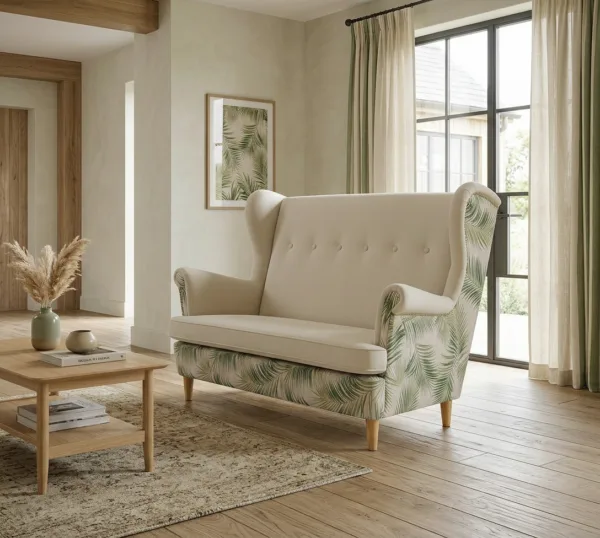 Sofa Kanapa Uszak Skandynawska Liście tropikalne welur Print Familu Meble — komfort