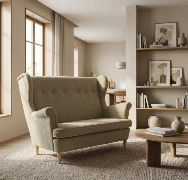 Sofa Kanapa Uszak Skandynawska beż Boucla welurowa salonu Ari Family Meble — komfort