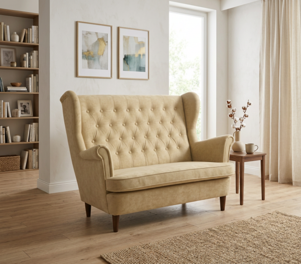 Sofa Kanapa Uszak Skandynawska beżowa welurowa pikowana Diana Family Meble — komfort