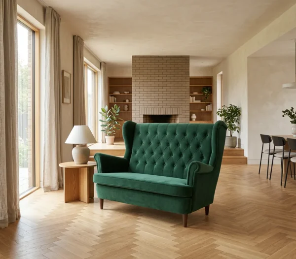 Sofa Kanapa Uszak Skandynawska ciemno zielona butelkowa Diana Family Meble — komfort