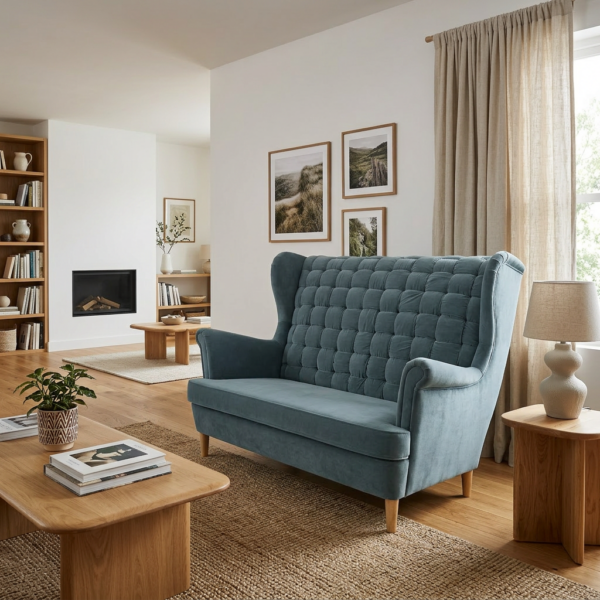 Sofa Kanapa Uszak Skandynawska niebieska jasna welur Carol Family Meble — komfort