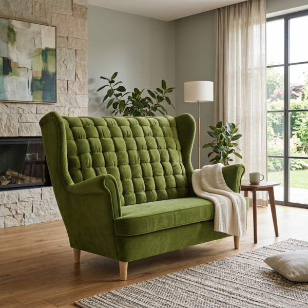 Sofa Kanapa Uszak Skandynawska zielona khaki moro welur Carol Family Meble — komfort