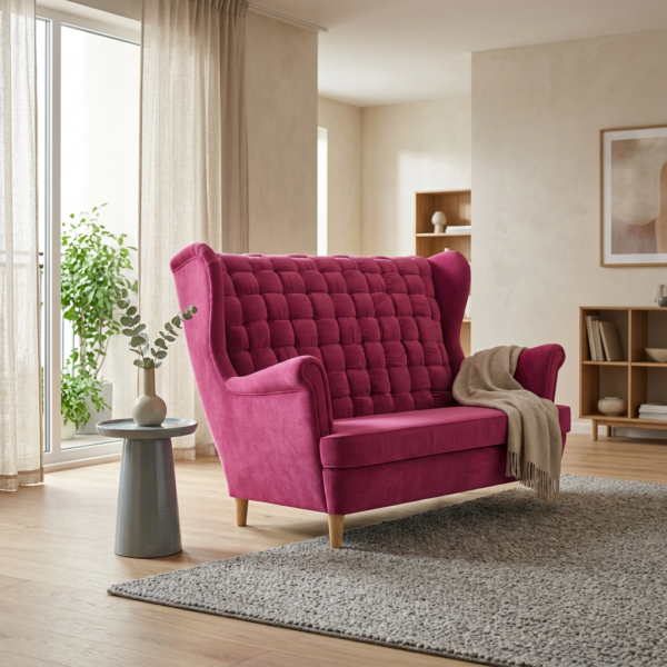 Sofa Kanapa Uszak Skandynawska fuksja pink welur sprężyn Carol Family Meble — komfort
