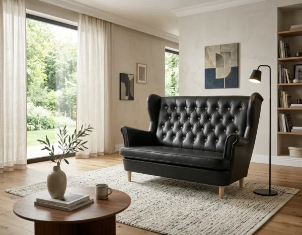 Sofa Kanapa Uszak Skandynawska brązowa skaj ekoskóra piki Gaja Family Meble — komfort