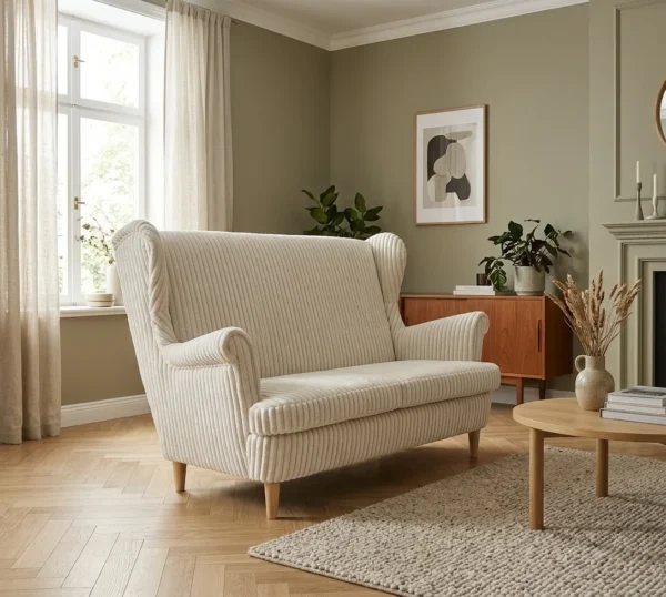 Sofa Kanapa Uszak Skandynawska dwojga sztruks beż szruk Idylla Family Meble — komfort