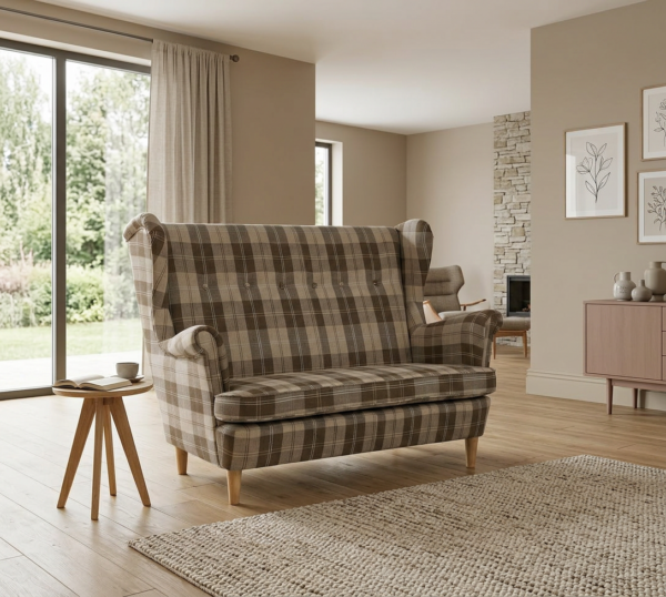 Sofa Kanapa Uszak Skandynawska kratka szkocka brąz Winston Family Meble — komfort