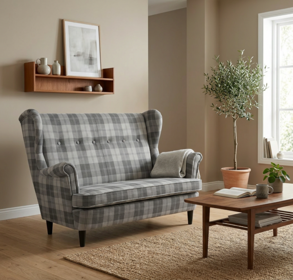 Sofa Kanapa Uszak Skandynawska szara kratka pleciona Winston Family Meble — komfort