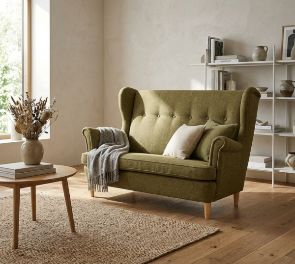 Sofa Kanapa Uszak Skandynawska zielony szenil welur Ramona Family Meble — komfort
