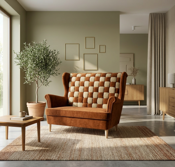 Sofa Kanapa Uszak Skandynawska rudy beż przeplatany Carol Duo Family Meble — komfort