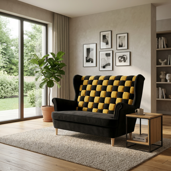 Sofa Kanapa Uszak Skandynawska czarno żółta welurowa Carol Duo Family Meble — komfort