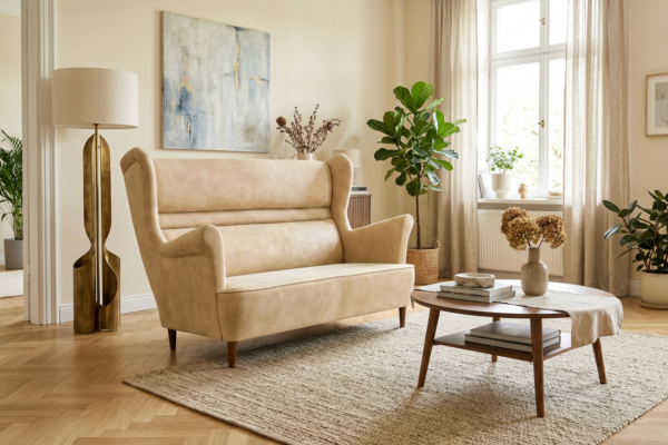 Sofa Kanapa Uszak Skandynawska beżowa welurowa wygodna Zoja Family Meble — komfort
