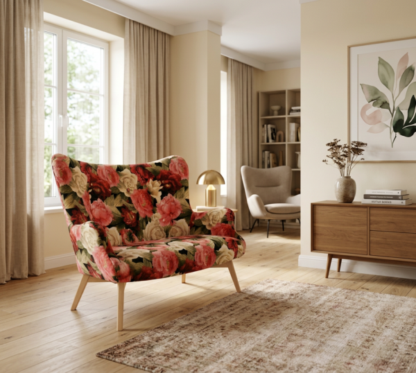 Sofa Kanapa Uszak Skandynawska kwiaty piwonie welur Luna Print Family Meble — komfort