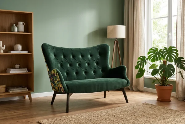 Sofa Kanapa Uszak Skandynawska zielona monstera welur Luna Family Meble — komfort