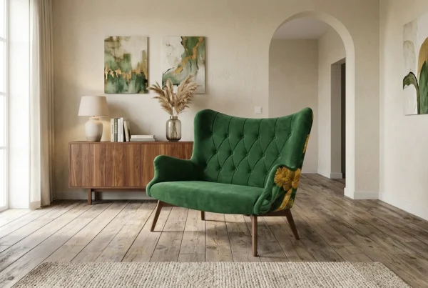 Sofa Kanapa Uszak Skandynawska zielone liście welur Luna Print Family Meble — komfort